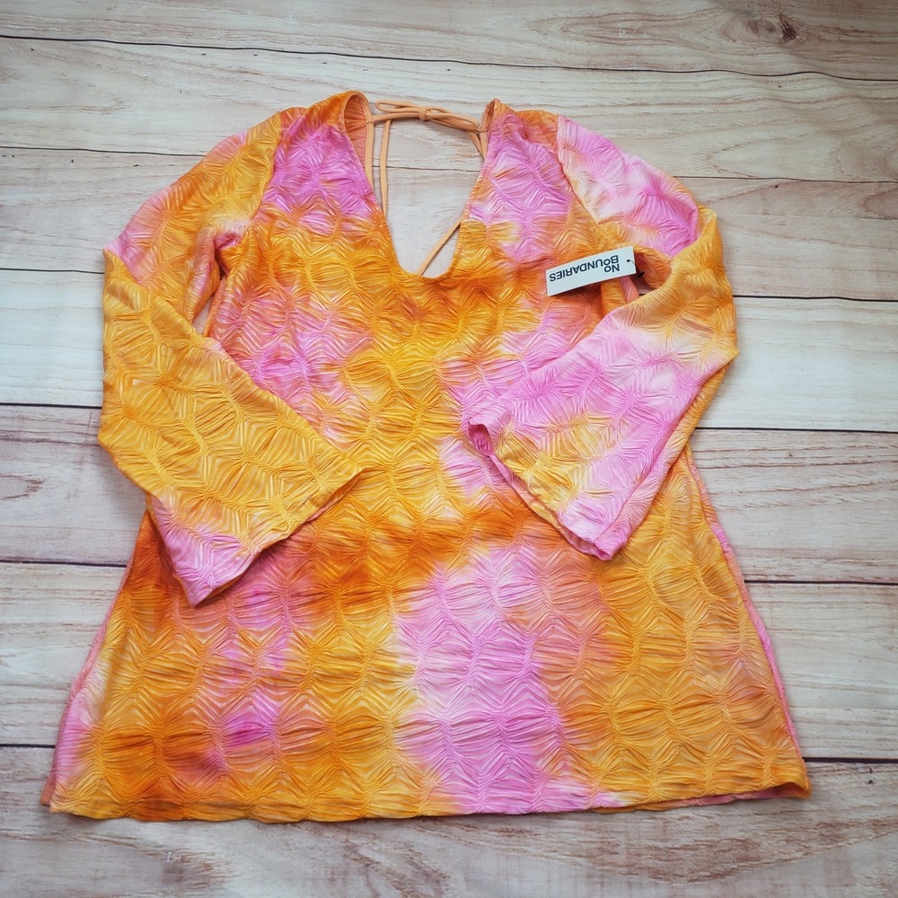 No Boundaries‎ Top Womens L 12-14 Pink Orange Tie Dye Textured Bell Sleeve Back